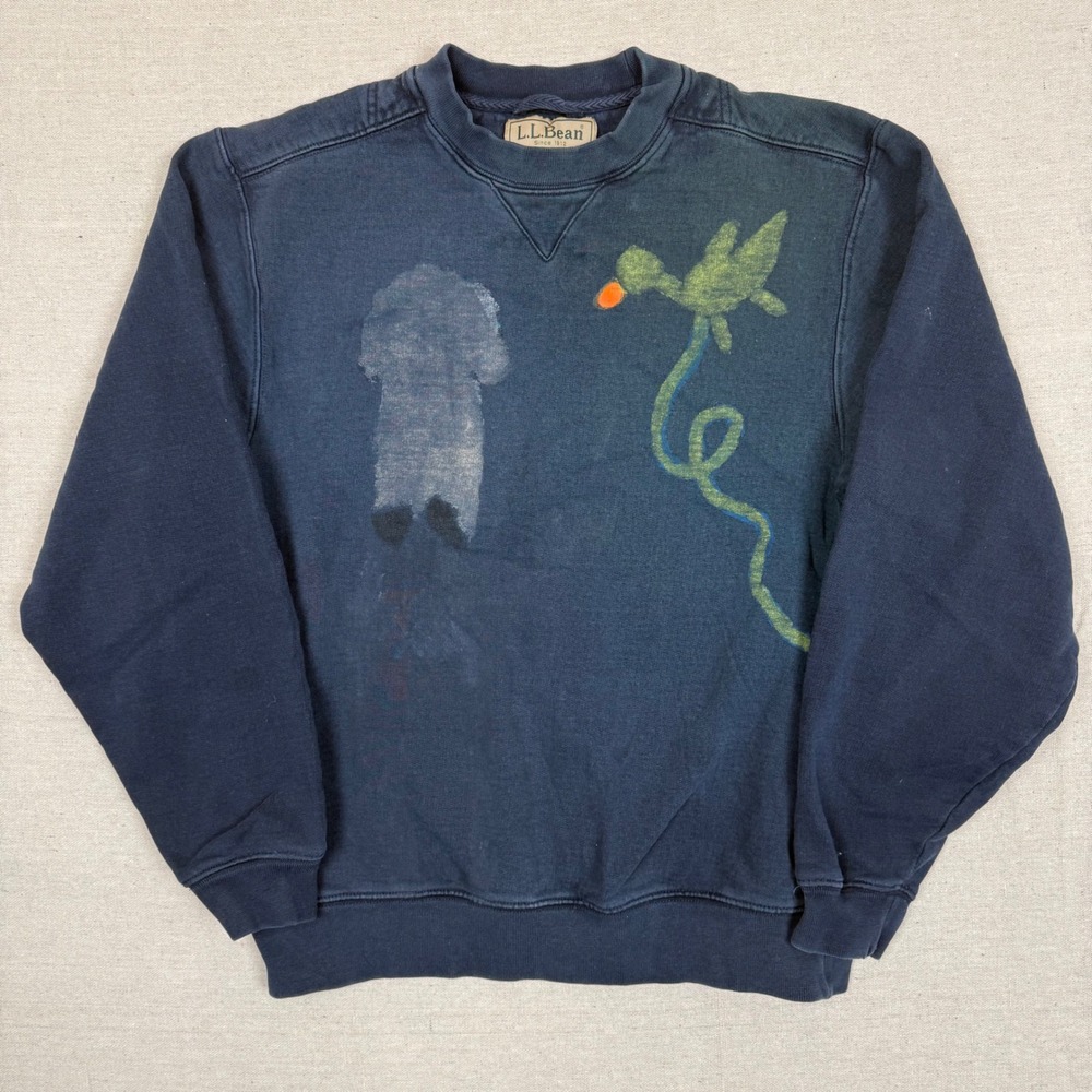 LL Bean Sweatshirt Small 20.5 Custom Hand Painted Bird Navy Blue Crewneck Indie